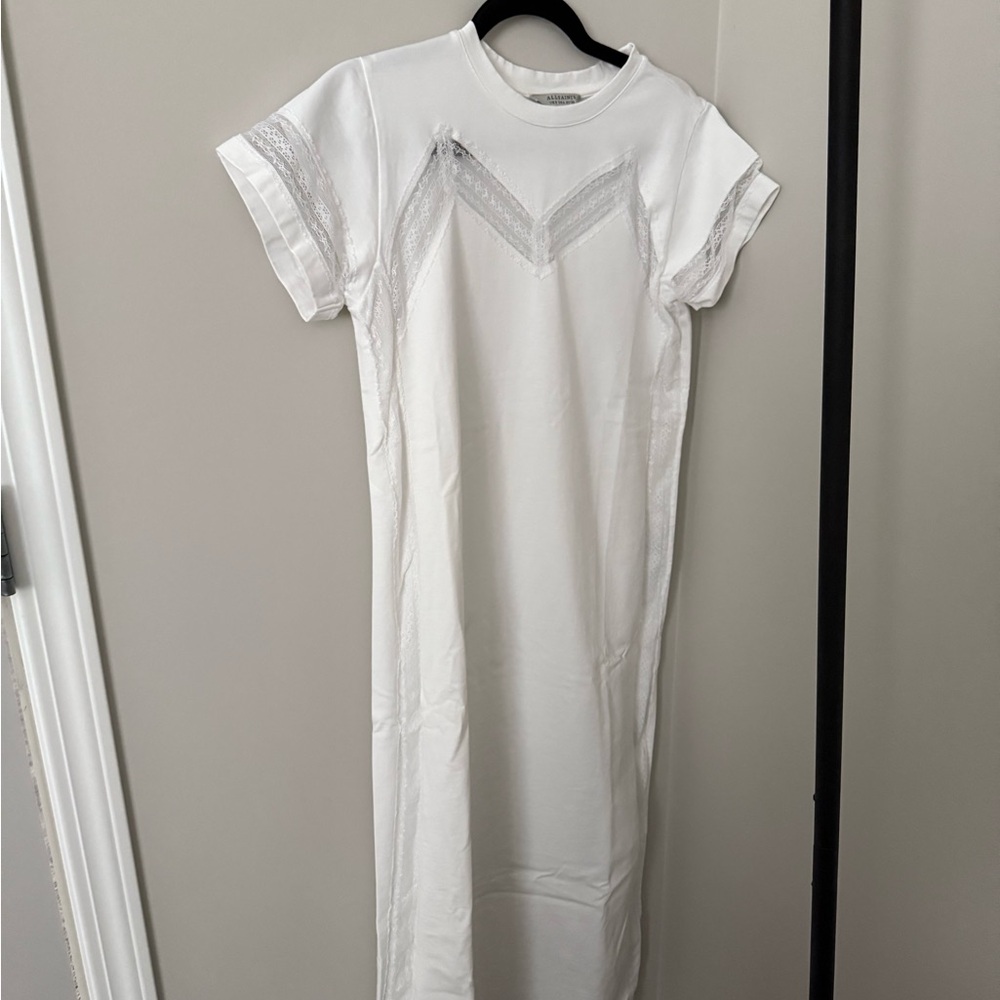 All Saints White Maxi T-Shirt Dress with Lace Detail NWOT